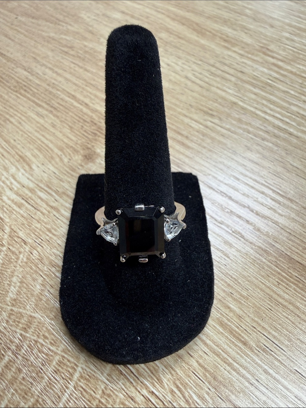 Silver Ring with Black Emerald-Cut Center and Clear Side Stones - size 7